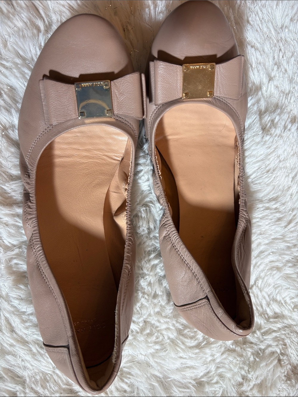 Cole Haan Blush Pink Bow Ballet Flats with Gold Accent
